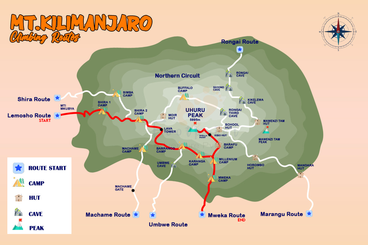 Kilimanjaro Climb via Lemosho Route Map